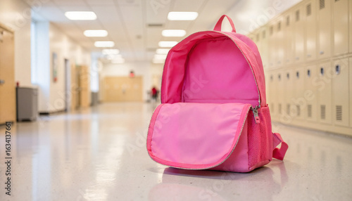 pink backpack open on hallway floor