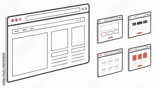 Illustration of multiple website wireframes with different layouts and designs shown in a clean presentation created with generated ai