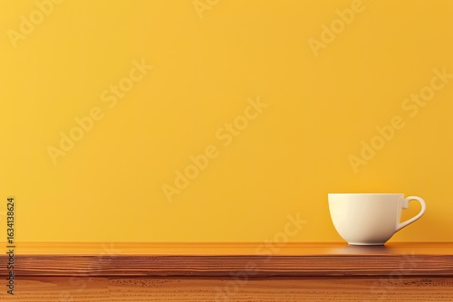 White Mockup Coffee Cup on Table with Copy Space on Yellow Wall Background for Presentation
