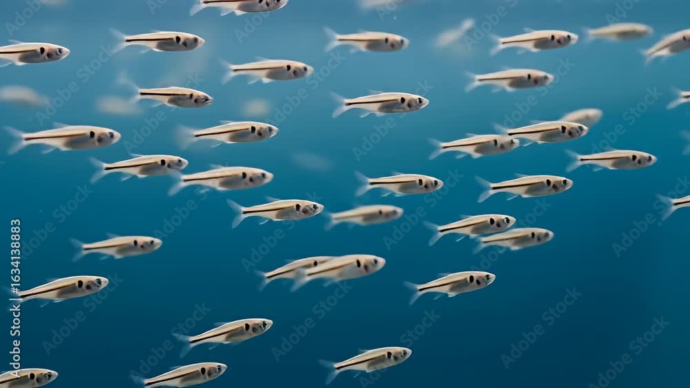 A school of small, silver fish swim together in a deep blue aquatic ...