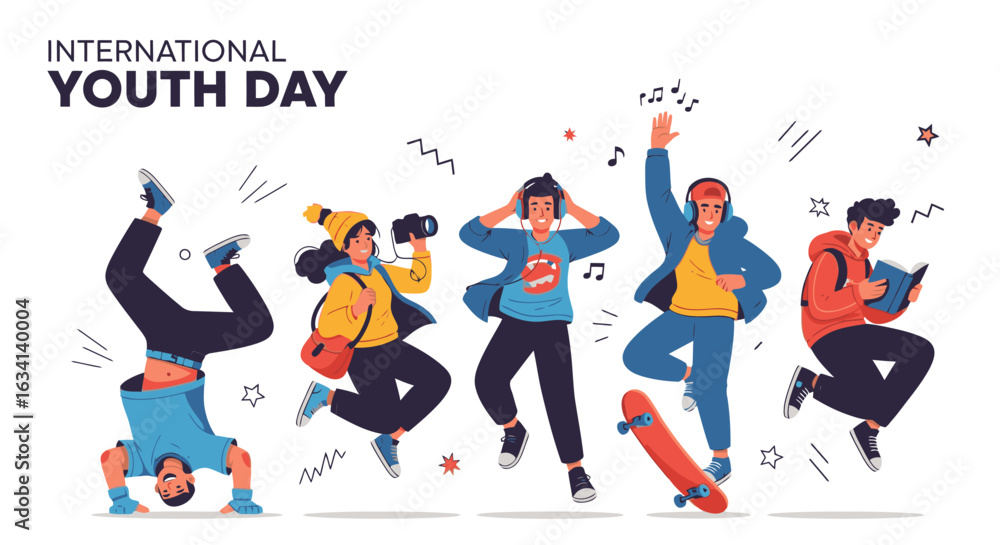 Obraz premium Dynamic young people celebrating International Youth Day with music, photography, and learning
