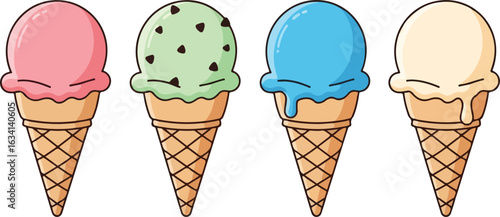 Four Colorful Ice Cream Cones Isolated on White. Sweet Summer Dessert Illustration with Different Flavors.