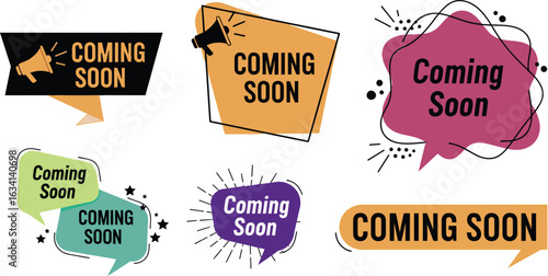 Collection of colorful coming soon speech bubbles for announcements and promotions