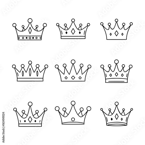 Elegant Black Outline Illustrations of Royal Crowns in Various Ornate Designs Symbolizing Royalty, Power, and Leadership