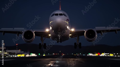 Passenger airplane approaching for landing at night with runway lights visible