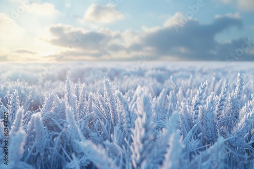 Vibrant Picture of Winter Wheat Field with Frost on Wheat Sprouts