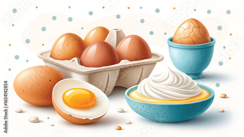 Assortment of Fresh Eggs Displaying Different Preparations Cracked Open Whipped Ready for Baking and Culinary Creations Perfect for Food Blogs and Recipes