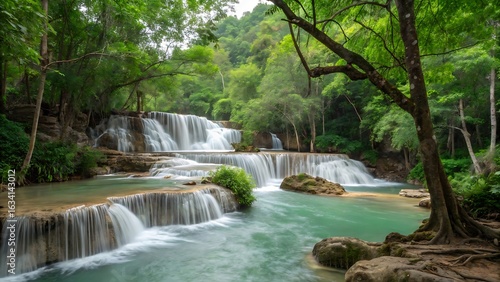 Lush tropical waterfall cascading through verdant forest