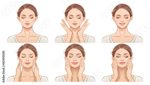 Beautiful woman demonstrates facial massage techniques for skincare and wellness providing step by step guide for glowing complexion and healthy skin regime