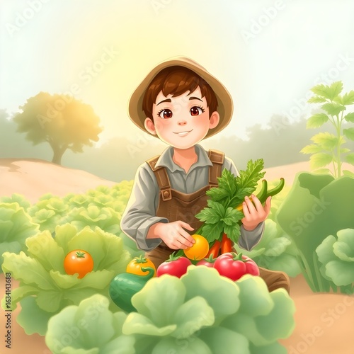 A boy harvesting fresh vegetables in a garden during sunrise