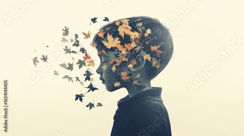 Boy with Falling Autumn Leaves in Grey Tones