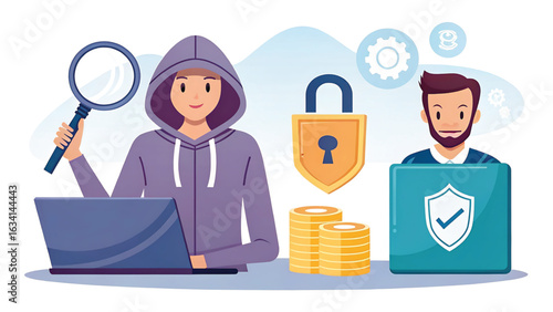 Cybersecurity Concept Depicting Hacker Searching Vulnerabilities and Security Professional Providing Protection Against Online Threats and Data Breaches
