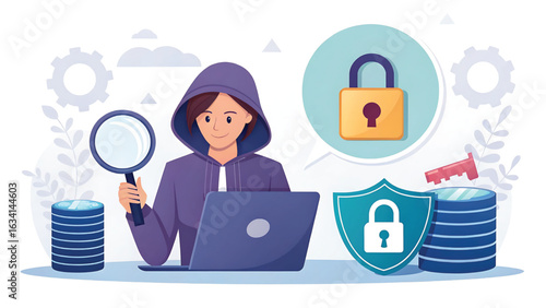 Cybersecurity Professional Analyzing Data with Laptop and Magnifying Glass for Security Solution and Data Protection Strategy