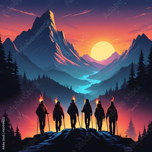 Youth group hiking in forested mountains with torches at dusk