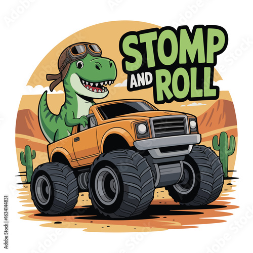 Cartoon dinosaur driving a monster truck in a desert landscape scene tshirt design