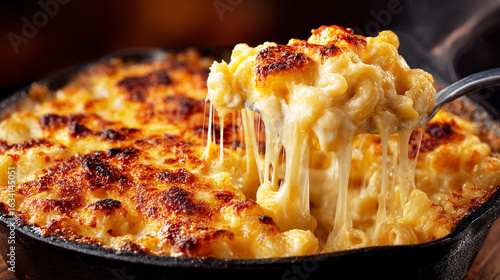 A mouthwatering close-up of the creamy, cheese-filled mac and cheese is being served in an iron pan with a golden-brown crust on top