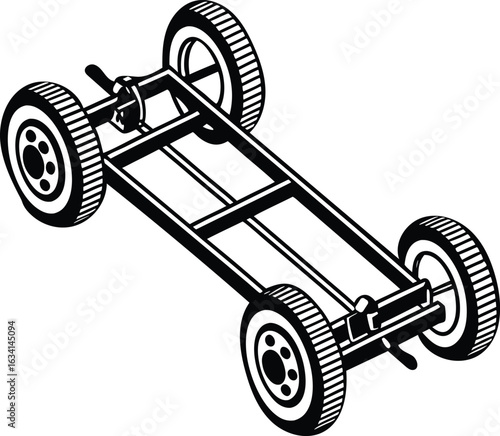 Black and white automotive chassis with wheels frame tires