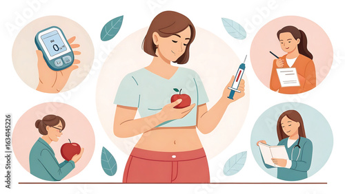 Diabetes management and healthy lifestyle illustration for diabetes awareness and glucose control in a medical context