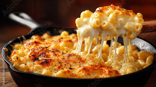 A mouthwatering close-up of the creamy, cheese-filled mac and cheese is being served in an iron pan with a golden-brown crust on top