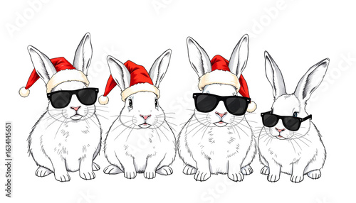 Four rabbits wearing Christmas hats and sunglasses in festive style  