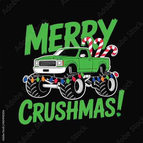 Festive monster truck with candy canes and christmas lights graphic art tshirt design