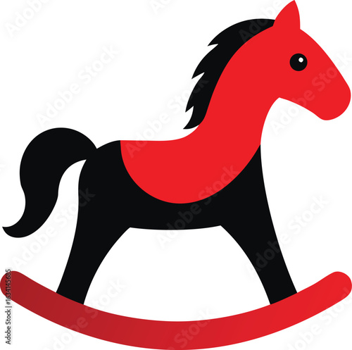 A red and black rocking horse displayed against a plain white background