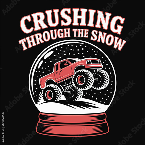 A red monster truck inside of a snow globe with snow falling around it tshirt design