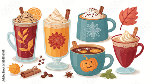 Festive Fall Drink Collection Decorative Hot Beverages for Autumn Seasonal Celebration and Cozy Holiday Time Vector Illustration