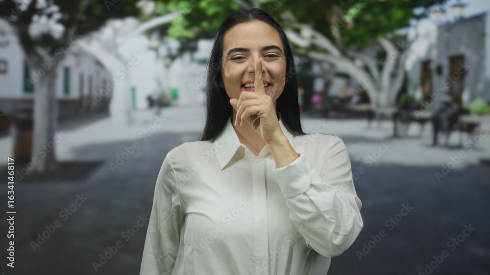 Woman gesturing silence in white shirt on a sunny street with trees showcasing peaceful and serene outdoor atmosphere. Woman gesturing silence in white shirt on a sunny street with trees showcasing peaceful and serene outdoor atmosphere.