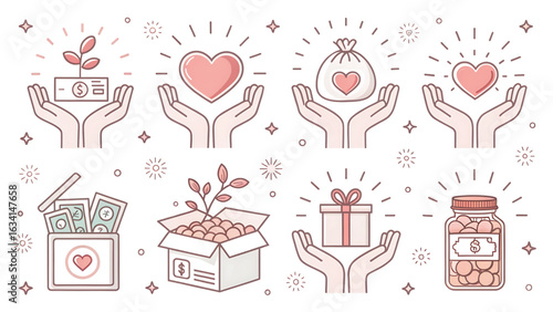 Illustrative concept of charity donation and giving with open hands holding various symbols of help and support promoting global philanthropy