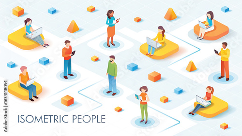 Isometric People Connected in a Network with Digital Devices Representing Modern Communication and Collaboration