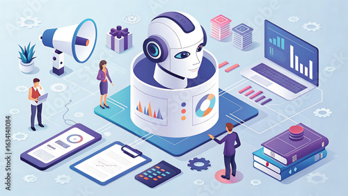 Isometric Vector Illustration of Artificial Intelligence Integration into Business and Marketing Strategy with Data Analysis and Automated Communication Channels