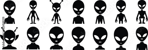 Alien silhouette vector set, fifteen unique designs, cartoon style, large heads, varied eyes, antennae, extraterrestrial character, sci-fi illustration, graphic element