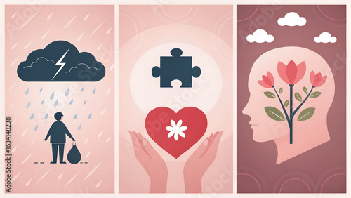 Mental health illustration representing struggle resilience and growth conceptualizing overcoming challenges and finding inner peace with support and positive mindset