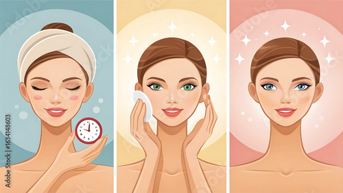 Skincare Routine Stages Visual Guide for Beauty and Self Care Featuring Attractive Woman in Three Steps for Clean Fresh Skin