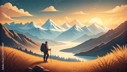 Hiker gazing at a majestic mountain range in golden light enjoying the stunning vista of the landscape scenery and snowcapped peaks on a sunny day