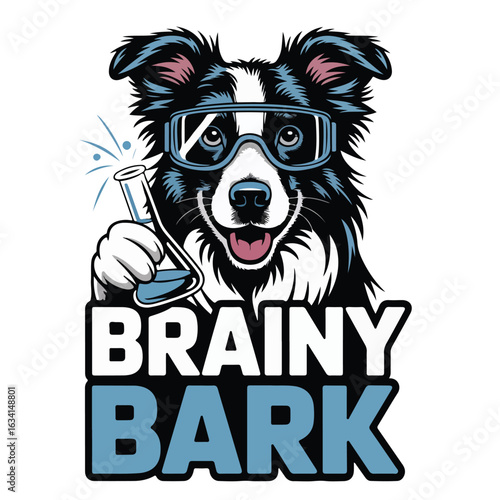 A dog with goggles holding a flask above the words brainy bark logo tshirt design