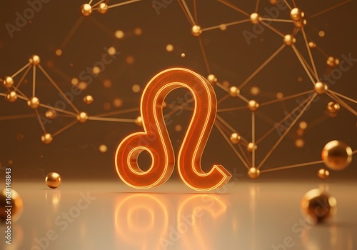 Glowing leo zodiac symbol with celestial connections and golden spheres