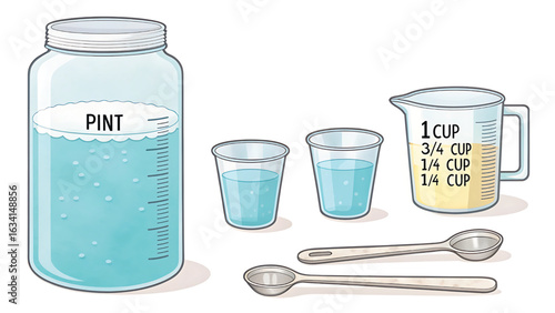 Ingredients and Measuring Tools for Cooking and Baking Illustration Showing Pint Jar Cups and Spoons on White Background