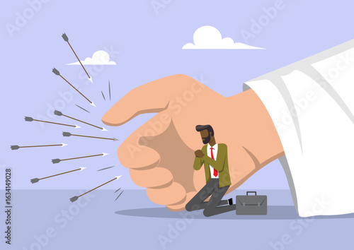 a businessman kneeling safely behind Jesus's protective hand