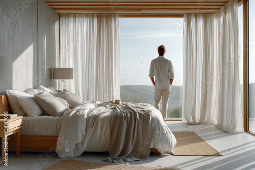 A peaceful, sunlit bedroom with a large bed. A person in white stands with their back to the camera, looking out a large window at a serene landscape, creating a calm and contemplative mood.
