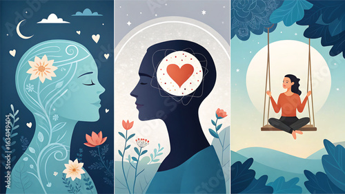 Triptych depicting inner peace nature and balance mental health and well being illustration with feminine and serene themes
