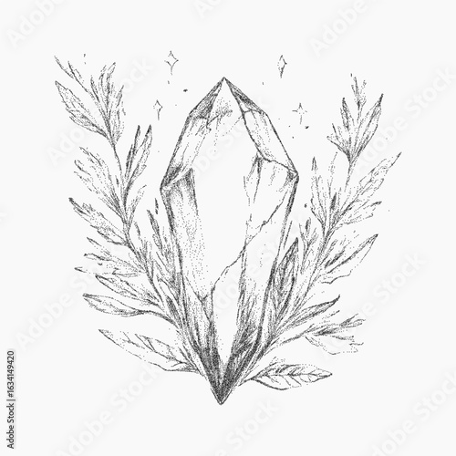 Mystical crystal and branches. Distressed paper surface with grainy threshold effect, ink smudges and scattered speckles.