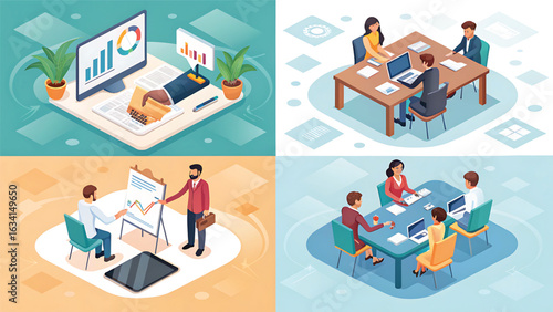 Isometric Business Illustrations Featuring Negotiations Meetings Presentations and Data Analysis Depicting Success and Collaboration in Corporate Environment