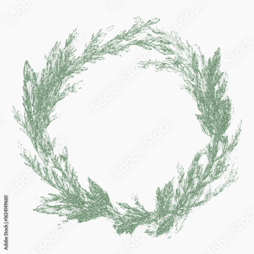 Green wreath of leaves. Grainy paper cut form showing signs of wear, faint splatter marks, dust and soft threshold transitions.