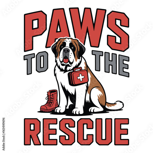 Illustration of a st bernard with a first aid kit and a boot graphic tshirt design