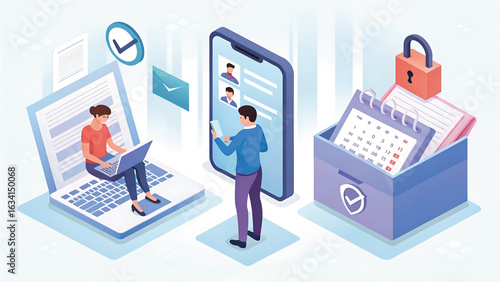 Isometric Illustration of Business People Working with Technology for Data Protection and Cybersecurity Time Management and Communication Tools