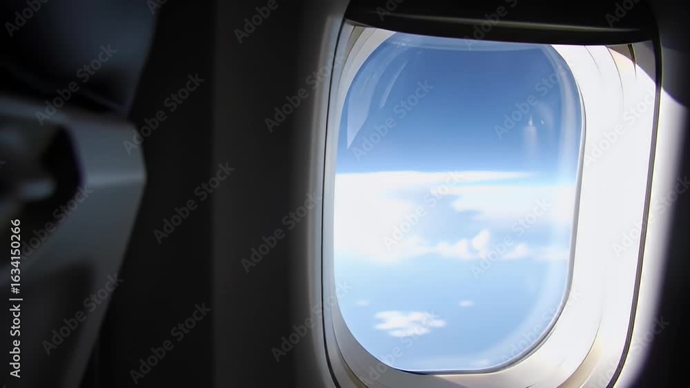 Aircraft window reveals blue sky with clouds during flight, seat visible at side Aircraft window reveals blue sky with clouds during flight, seat visible at side