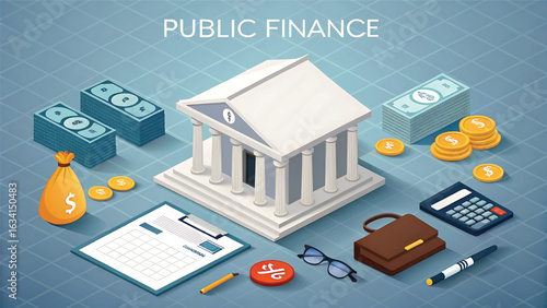 Isometric Public Finance and Banking Illustration Showing Financial Stability and Growth Strategy with Money Assets and Investment Opportunities