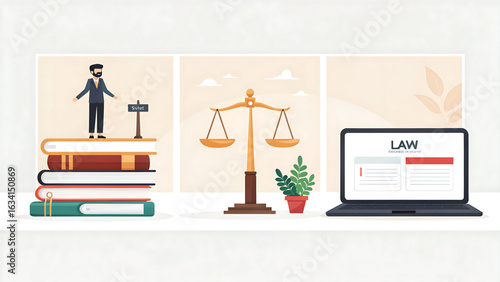 Legal Education and Justice System Illustration Featuring Scales of Justice Stack of Books and Law Information on Laptop Depicting Legal Profession